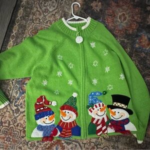 Green Snowman Cardigan Sweater. Vintage xl